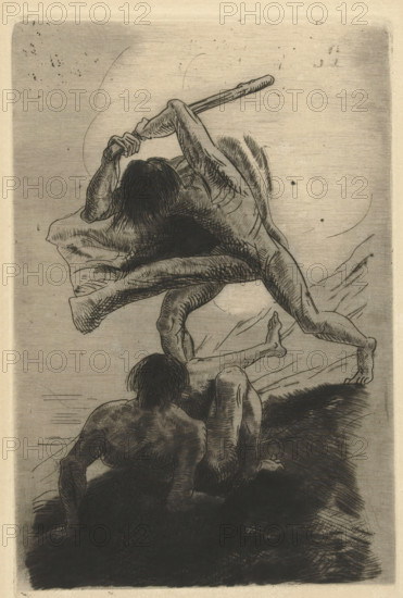 Cain and Abel, print, Cain with club raised, about to strike Abel. Abel, seen from the back, sitting on the ground., printmaker: Odilon Redon, France, Paris, 1886, printer (person), paper, etching, intaglio printmaking technique, drypoint, etching and drypoint, height 184 mm x width 120 mm, the killing of Abel: Cain slays him with a stone, a club or a jaw-bone, alternatively with a spade or another tool as weapon, A monochrome etching shows two partially obscured human figures with long dark hair and muscular limbs; one figure is bent forward with an arm raised and gripping a clublike object above their head while a draped cloth or cloak billows around their torso and legs, the other figure is lower in the composition, positioned on hands and knees with the back and shoulders prominent and legs extending toward the right, both figures rendered with crosshatching and varied linework against a lightly shaded background with visible scratch marks and speckles.
