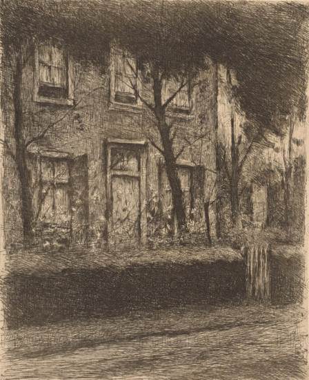 Front garden of a house with hedge, print, printmaker: Eduard Karsen (signed by artist), 1870 - 1941, paper, etching, intaglio printmaking technique, height 253 mm x width 207 mm, Print from the Portfolio of the Dutch Etching Club, fifth volume, 1890., garden, A monochrome sketch of a building facade partially obscured by slender trees and branches, showing multiple rectangular window openings and a doorway, with textured rough walls and leafy vegetation at the base, dense cross-hatched shading across the sky and ground, and vertical and diagonal lines suggesting tree trunks and architectural edges.