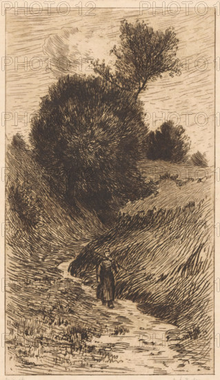 Woman on a sunken road, print, The woman carries a stick on her shoulder. In the background trees and bushes., printmaker: Anton L. Koster (signed by artist), 1869 - 1937, paper, etching, intaglio printmaking technique, height 228 mm x width 136 mm, road, path, carrying something on the head or on the shoulders, A narrow vertical sketch in pen and ink shows a winding dirt path cutting through tall, densely hatched grasses and rough terrain, with a solitary figure standing on the path wearing a long dress and holding a long, thin object across the shoulders; the figure faces forward. Large, darkly shaded bushes and trees occupy the middle ground, their foliage rendered with short, dense strokes, while a taller, more detailed tree rises with sparser branch and leaf lines toward the top. The sky is filled with horizontal, parallel hatch marks and a wispy cloud shape. The foreground contains textured ground markings and tufts of grass drawn with varied line density, and the overall image h...