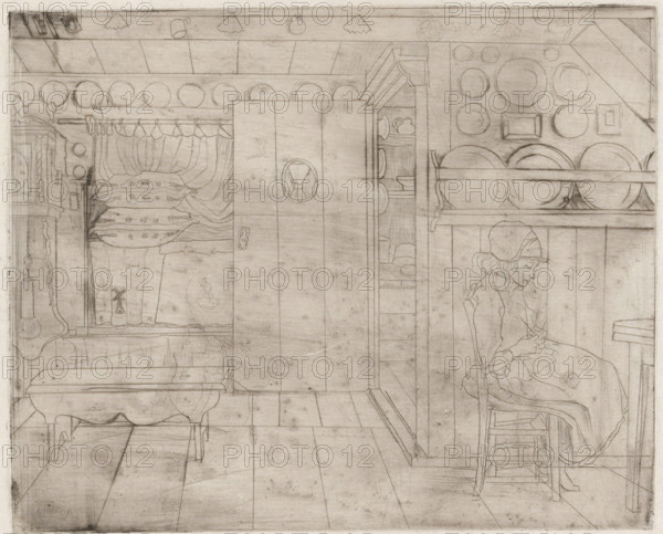 Knitting girl in interior, Interior on Marken with knitting girl (original title), print, dedication: 'To my friend Bremmer', printmaker: Jan Toorop (signed by artist), dedicated to: Hendricus Petrus Bremmer (signed by artist), 1896, paper, drypoint, intaglio printmaking technique, drypoint with plate tone on zinc, height 158 mm x width 195 mm, interior of the house, girl (child between toddler and youth), knitting, Marken, A pencil drawing of an interior scene showing a room with wooden floorboards and paneled walls, a large central cabinet or wardrobe with a round decorative oval on its doors, shelves filled with plates and bowls on the right wall, and a rack of hanging plates or platters above; to the right a seated woman wearing a bonnet and a dress sits on a simple wooden chair holding a small object in her hands; to the left a small bed or bench with layered cushions and draped curtains, an ornate tall clock or cabinet with carved details, and various small household items and ut...