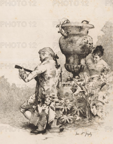 Man playing an instrument in a garden, print, collector's mark: 'Littéraire Societeit, The Hague', printmaker: Juan Antonio González, Spain, 1852 - after 1914, Juan Antonio González, printmaker, paper, etching, drypoint, intaglio printmaking technique, height 260 mm x width 182 mm, garden vase, cithern, mandolin, guitar, balalaika - CC - out of doors, A detailed ink drawing shows a seated figure seen from behind holding a long narrow object, wearing a coat with visible seams and folds and a tied ribbon at the back of the head, resting on a low platform with shoes visible beneath. To the right a large ornate urn with decorative handles and sculpted faces sits on a pedestal, its surface rendered with horizontal hatch lines. A partially visible female figure leans near the urn with hair pulled up and a bare-shouldered garment, surrounded by dense foliage with broad leaves and varied plant stems in the foreground. The background is mostly empty space with faint cloud or landscape outlines ...