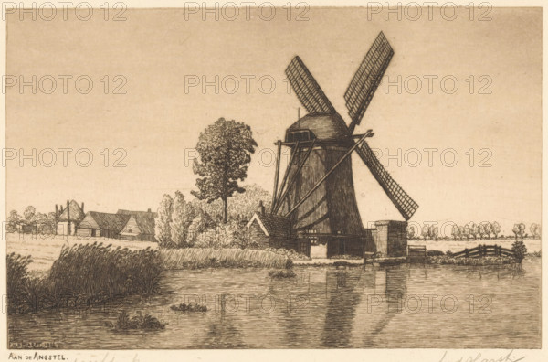 Aan de Angstel (original title on object), print, A windmill on the river Angstel., printmaker: Frederik van der Harst (signed by artist), 1946, paper, etching, intaglio printmaking technique, etching with plate tone, proof print, height 122 mm x width 177 mm, windmill in landscape, river, Utrecht, Angstel, A sepia-toned drawing of a rural scene showing a large traditional windmill with four lattice sails standing beside a body of water, its conical cap and slatted tower detailed with fine hatching. In front of and around the windmill are small outbuildings and a pitched-roof cottage partially obscured by dense foliage and tall trees. The foreground shows reeds and water plants at the edge of the reflective water, with faint ripples and a dark reflection of the windmill. To the left are low farm buildings and a distant low fence line, and across the distant horizon a row of small trees punctuates the flat landscape under an empty sky.