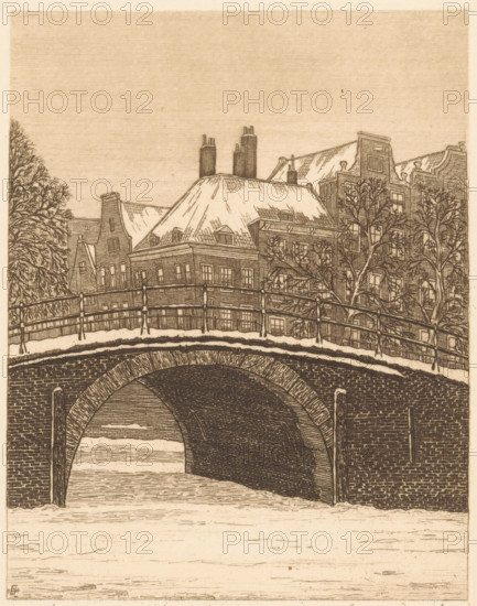 Heerengracht near the Reguliersgracht, Amsterdam (original title on object), print, A bridge over the Herengracht in Amsterdam, near the Reguliersgracht. The canal is frozen and covered with snow., number: '6', inscription: 'printed 6 proofs and 10 prints. copper plate burned in fire Plaatdrukkerij Dec 1927', printmaker: Frederik van der Harst (signed by artist), 1924, paper, etching, intaglio printmaking technique, etching with plate tone, proof, height 178 mm x width 137 mm, snow, bridge in city across river, canal, Herengracht (Amsterdam), Reguliersgracht, A sepia-toned etching showing a brick arch bridge spanning a waterway with the underside of the arch darkened in crosshatched lines, a railing running along the top of the bridge, and vertical posts at the bridge edges. Above and beyond the bridge are closely packed buildings with steep roofs and chimneys, detailed windows, and small dormer openings. Leafless trees with many fine branches stand in front of some buildings. A large ...