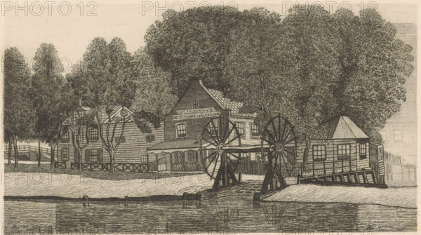 Polderhuis (original title on object), print, Café Polderhuis, at the location of the present-day Carel Willinkplantsoen in Amsterdam, with the Mennonietensloot in the foreground. On the right, the lock at the Boerenwetering., printmaker: Frederik van der Harst (signed by artist), 1924, paper, etching, intaglio printmaking technique, etching with plate tone, proof print, height 145 mm x width 245 mm, inn, coffee-house, public house, canals, waters (in city), Amsterdam, Boerenwetering, Mennonietensloot, A detailed monochrome drawing shows a riverside scene with dense trees rising behind a row of wooden buildings, each with visible siding, windows, and porches. In front of the central building there are two large wooden wheel structures mounted on supports at the water’s edge, connected by a horizontal beam and a small platform leading down to the river. To the right a small octagonal or polygonal building with a conical roof sits on a raised platform with a short railing and an inclined...