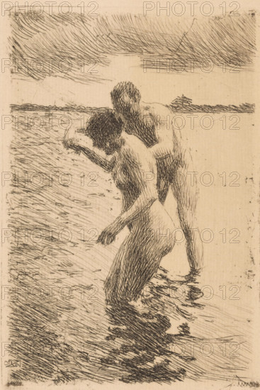 The Pilot, Pilot - Lots, print, A naked woman leads a man into the water., printmaker: Anders Leonard Zorn (signed by artist), 1919, paper, etching, drypoint, etching and drypoint, height 178 mm x width 118 mm, Probably made after a photograph., public baths - AA - in the open air, A monochrome etched scene showing two nude figures standing at the water's edge, one figure slightly in front and turned to the side with an arm extended forward and head bowed, the other figure positioned behind and leaning over the first with hands near the front figure's shoulder; the shoreline and rippling water are rendered with short, directional hatch marks, and a distant horizontal band suggests a far shore beneath a sky filled with long, sweeping crosshatched strokes.