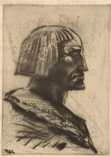 The Egyptian (original title on object), print, A portrait of an Egyptian man., number: '26', printmaker: Willem van Konijnenburg, printer (person): Hein von Essen, 1878 - 1943, printer (person), paper, drypoint, intaglio printmaking technique, height 172 mm x width 124 mm, anonymous historical person portrayed, A monochrome side profile of a bust-like figure facing right, rendered with hatched and shaded lines, showing a strong jaw, pronounced nose, and a stylized short textured hairstyle that falls straight down around the head; the neck and upper shoulders are visible, draped in layered, angular folds suggestive of cloth, with crosshatching and directional strokes creating depth; the background is a light, slightly mottled surface with faint smudges and marks, and the entire image has a soft, etched or drawn quality with visible pencil or printmaking lines.