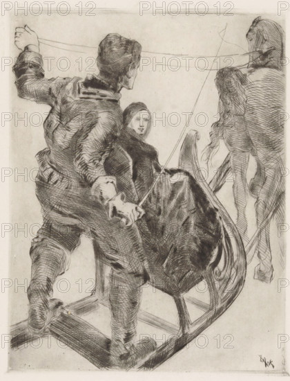 Sleigh ride (original title), Man and woman in a sleigh, print, A man and a woman in a sleigh being pulled by a horse. The man is holding a whip and the horse's reins in his hands., number: 'B12a', printmaker: Willem van Konijnenburg, printer (person): Hein von Essen, 1927-12, Willem van Konijnenburg, Hein von Essen, printmaker, printer (person), paper, etching, intaglio printmaking technique, height 267 mm x width 207 mm, horse-sleigh, A monochrome sketch showing three figures on a curved wooden rocker, rendered with crosshatching and fine lines; a seated woman with long dark draped clothing and a calm face looks toward the viewer while a standing man behind her leans forward with an arm extended and hand gripping a thin line, his clothing textured with heavy shading and visible folds; a third figure with long flowing hair and a partially turned back stands at the rocker’s far side, the rocker’s carved arm and curved runners visible beneath them, and the background is mostly blank.