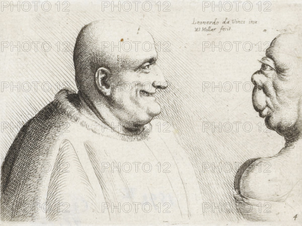 Heads of a large bald man and grotesque woman, Caricatures, heads and deformities after Leonardo da Vinci, Varie figurae et probae, print, Series number, 4, 13, printmaker: Wenceslaus Hollar, Antwerp, after drawing by Leonardo da Vinci, 1645, paper, etching, height 76 mm x width 106 mm, The series consists of a title print and thirteen subsequent prints, of which the first state is unnumbered. Every second or third state is numbered with a number-letter combination or just a number., disabilities, deformations, A monochrome ink drawing shows two profile faces facing each other on a textured paper background. The left figure is a bald person with a rounded head, pronounced cheek and chin, visible ear, smiling mouth, and a heavy garment with a high collar drawn with fine crosshatching. The right figure is an older face with a bulbous nose, sagging cheeks, pronounced jowls, and a visible eye looking toward the left figure, rendered with curved hatching lines. The surrounding background fe...
