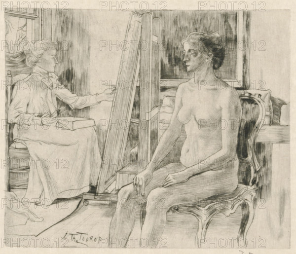Artist working from female nude model, The model (original title), print, printmaker: Jan Toorop (signed by artist), 1901, paper, Japanese paper (handmade paper), drypoint, intaglio printmaking technique, drypoint with plate tone on zinc, on Japanese paper, height 131 mm x width 158 mm, The artist is probably Riet van Houten, whom Toorop also depicted in 'In 't atelier', and in 'De pianiste', Person, Riet van Houten, painter working from nude model, A pencil or ink drawing of an interior scene showing two women and an easel; one woman sits clothed on the left in a chair with her hair tied back and an arm extended toward the easel while holding a tool and a box on her lap; the other woman sits nude on the right on an ornate chair with a cushion, facing slightly toward the left with hands resting on her knee and a calm facial expression; an easel stands between them with vertical canvases or boards; behind them are a window and drapery and a wall with vertical shading; the floor and some...