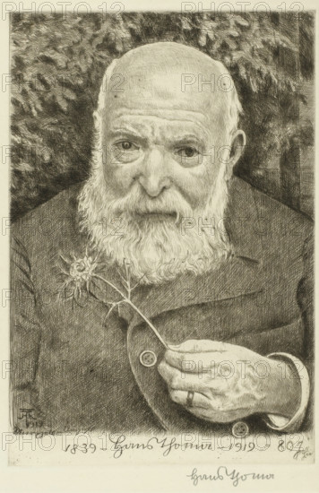 Self-portrait with a thistle, print, printmaker: Hans Thoma, Karlsruhe (possibly), 1919, Baden-Württemberg, paper, etching, drypoint, height 247 mm x width 165 mm, Person, portrait, self-portrait of artist, self-portrait of graphic artist, beard, plants and herbs: thistle, A detailed black-and-white etched portrait of an elderly man with a bald head and a full white beard, shown from the chest up. He wears a dark coat with a visible collar and holds a small flower by its stem in one hand, the hand positioned near his chest and partially resting on the coat; the fingers and knuckles are rendered with visible texture. His eyes look forward beneath furrowed brows and there are fine lines and shading on his forehead and around his eyes. The background is filled with dense crosshatching and textured shading suggesting foliage. The overall image is finely detailed with varied line work throughout the face, clothing, hand, and background.