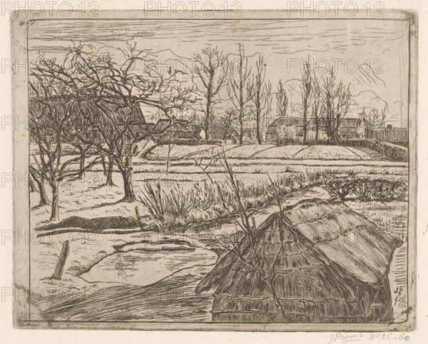 Winter landscape with farms, print, On the left an orchard, on the right a barn., printmaker: Johannes Proost (signed by artist), 1911-02, paper, etching, intaglio printmaking technique, height 137 mm x width 172 mm, farm or solitary house in landscape, winter landscape, landscape symbolizing winter (the four seasons of the year), orchard, A detailed ink landscape showing a rural scene with bare trees and leafless branches in the foreground and midground, a cluster of low thatched structures with layered straw textures occupying the lower right, narrow water channels or flooded fields delineated by thin lines, grassy tufts and small shrubs scattered along the banks, a distant row of simple buildings and fences behind a raised embankment, thin vertical trees rising behind them, a banded sky with horizontal hatch marks and faint cloud shapes, and a narrow border framing the entire image.
