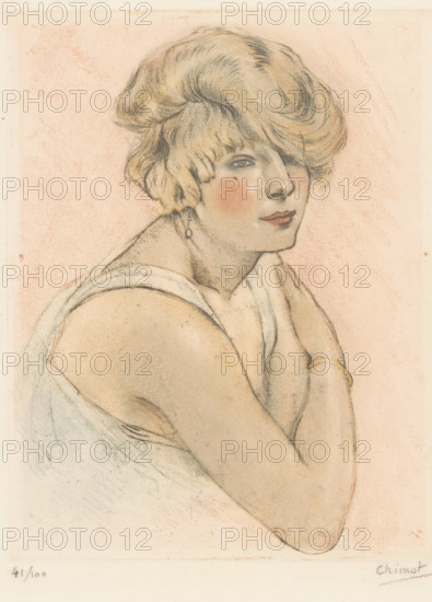 Young woman, print, printmaker: Edouard Chimot (signed by artist), France, 1900 - 1930, paper, soft-ground etching, height 240 mm x width 186 mm, adolescent, maiden, bracelet, wristlet, A softly rendered portrait of a woman shown from the shoulders up with light-colored, wavy hair styled in a voluminous bob that partly covers one eye, a pale complexion with visible blush on the cheeks and subtly colored lips, and a small dark beauty mark near one cheek; she wears a sleeveless garment with thin straps and one arm folded toward her chest while the other rests against her body, an earring visible on one ear, and the background is a textured, warm pale tone with faint speckled shading throughout.