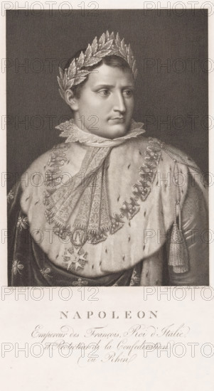 Portrait of Napoleon I Bonaparte, Emperor of the French, print, printmaker: Raphael Morghen, Florence, after drawing by Stefano Tofanelli, Italy, printer (person): Chez Molini, Landi et Ce., 1768 - 1833, printer (person), Tuscany, paper, engraving, etching, engraving and etching, height 440 mm x width 313 mm, Person, Napoleon I (Emperor of the French), historical persons, ruler, sovereign, A monochrome engraved portrait of a man shown from the chest up wearing a laurel wreath on his head and a high lace collar at his neck, dressed in a fur-lined ceremonial robe with ornate patterned bands and decorative medallions, a large star-shaped badge suspended at his chest, and a tasseled cord hanging from his shoulder; the man looks slightly to his left with a composed facial expression, short hair, and smooth skin; the background is a finely textured dark field and there is a wide blank margin below the portrait containing decorative script.