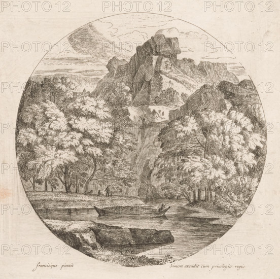 Arcadian mountain landscape with a boat on a river, Paysages de formeronde, print, printmaker: Théodore, France, after painting by Jean François Millet (I), publisher: Simon, grantor of privilege: French crown, 1690 - 1730, paper, etching, intaglio printmaking technique, height 213 mm x width 222 mm, river, boat propelled by man or animal, landscapes in the temperate zone - HH - ideal landscapes, A circular ink drawing depicting a landscape with tall rocky cliffs rising toward the top, detailed crosshatching on the rock faces, and a cluster of trees with dense foliage along the slopes; a waterfall cascades down between the cliffs into a calm river where a narrow boat floats with a seated figure holding a pole, another boat rests nearby along a shoreline edged by rocks and vegetation, and small human figures appear on a grassy bank beneath the trees; the sky above shows wispy clouds and fine horizontal strokes, and the entire scene is framed within the round border against a plain backg...