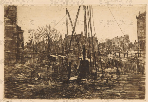 Pile driving in the Raadhuisstraat in Amsterdam, print, The construction pit of the shopping arcade in the Amsterdam Raadhuisstraat., printmaker: George Hendrik Breitner, c. 1898, paper, etching, intaglio printmaking technique, height 199 mm x width 297 mm, building-site, city-view, and landscape with man-made constructions, Amsterdam, Raadhuisstraat, A sepia-toned etching showing a canal scene with tall, thin masts rising near the center, leafless trees behind a row of buildings, and a variety of densely hatched lines forming water, docks, and timber structures in the foreground, flanked by multi-story buildings on both sides and a small bridge visible toward the right.