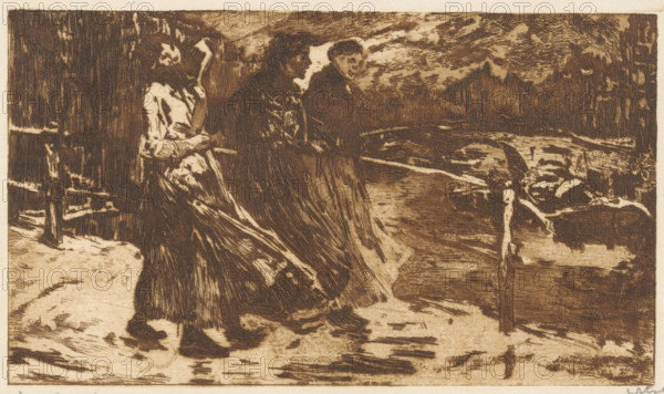 Three women on a bridge in rain and wind, print, inscription: 'd'après GH Breitner', signature: 'Witsen', watermark:, printmaker: Willem Witsen (signed by artist), Amsterdam, after painting by George Hendrik Breitner, 1891, Willem Witsen, George Hendrik Breitner, printmaker, after painting by, paper, etching, aquatint, intaglio printmaking technique, aquatint and plate tone, proof print, height 140 mm x width 217 mm, walking - AA - female human figure, walking, bridge in city across river, canal, etc. - II - ideal city, Three figures in long dresses stand on a snowy path near a wooden fence, facing toward a frozen river and distant hills; the figures are shown in profile and three-quarter view with shawls or coats and skirts detailed with dark hatch marks, their faces and hair sketched with short strokes; the foreground shows textured snow and footprints, the middle ground features a fence post with a horizontal rail and rough wooden textures, and the background displays a river with r...