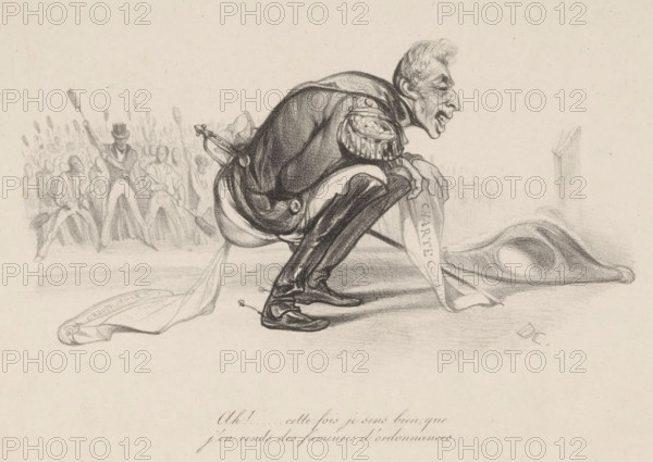 Ah!.. Cette fois je sens bien, Charles publisher, Paris, paper, chine collé, lithography, height 268 mm x width 324 mm, Person, Charles, A pencil drawing of a man in a military-style uniform squatting with an exaggerated profile and elongated features, wearing a decorated shoulder epaulet and high boots, with a sword at his side and a long sash draped on the ground beside him; behind him a crowd of figures is sketched with some holding poles or staffs, and a tall standing figure in a hat appears more defined; a folded hat lies on the ground near the man and the scene is rendered on textured paper.