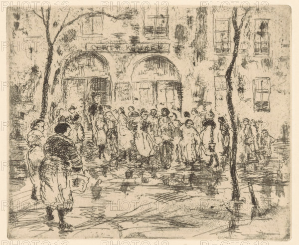 Central Kitchen, print, People waiting with pots and pans in their hands on the sidewalk at a Central Kitchen where they can pick up food., printmaker: Erkelens, c. 1944, paper, etching, intaglio printmaking technique, height 128 mm x width 156 mm, soup-kitchen, cook-shop, Second World War, A sepia-toned etching shows a busy street scene in front of a building with arched doorways and multiple windows, with crowds of people gathered and moving across the foreground. Figures wear layered clothing and coats, several shown in profile or from behind, with some smaller figures suggesting children. Two tall, narrow trees with textured trunks frame the composition near the arches. The ground is sketched with hatch marks and irregular lines indicating pavement. The building façade is drawn with rough shading and crosshatching, and windows have simple mullions and shaded panes. Overall the image is composed of delicate, sketchy lines and varied textural marks creating a crowded urban atmosphere...