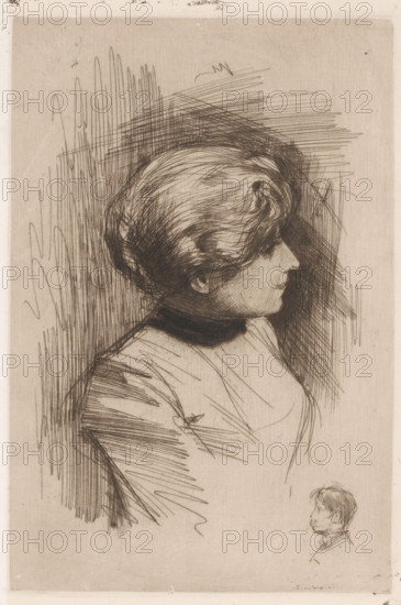 Portrait of an unknown woman, print, printmaker: Nicolaas van der Waay, 1865 - 1936, paper, chine collé, drypoint, intaglio printmaking technique, height 219 mm x width 149 mm, historical persons not known by name, A sepia-toned etching shows a woman in profile facing right with short wavy hair and a high dark collar, her head rendered with dense cross-hatching and fine directional lines that create texture and shadow, the background filled with overlapping vertical and diagonal hatch marks; her upper torso is sketched with lighter, sweeping strokes and sparse shading, and a small secondary sketch of a man's head in profile appears near the lower right, drawn with delicate lines.