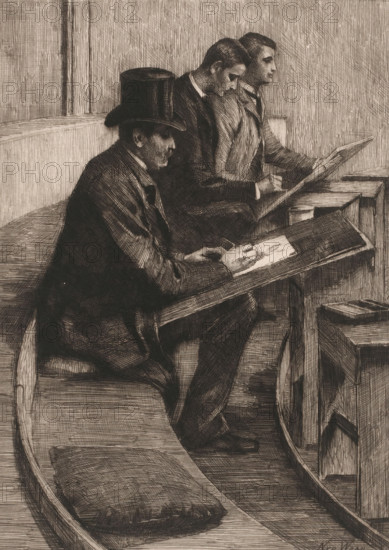 Drawing men, print, inscription: 'earliest state', printmaker: Nicolaas van der Waay, 1865 - 1936, paper, chine collé, etching, intaglio printmaking technique, drypoint, height 228 mm x width 173 mm, drawing-lesson, Amsterdam, Felix Meritis, A monochrome drawing shows three seated men in profile on curved benches, each holding a slanted drawing board. The closest man wears a tall hat and a dark coat, his hands resting on the board as he looks down. The two men behind him wear suits and face the same direction, one with his head slightly bowed and the other looking forward while holding a pencil to the board. The benches have cushions, and simple wooden supports and a small table are visible beside them. The background consists of vertical hatch marks suggesting a plain wall, and the scene is rendered with dense crosshatching and linear shading.