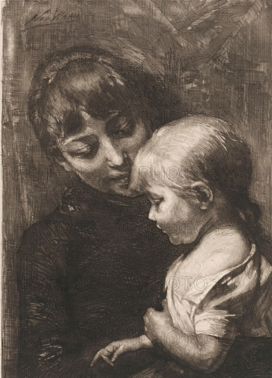Woman with child, Bad mood, print, printmaker: Nicolaas van der Waay, 1865 - 1936, paper, chine collé, etching, intaglio printmaking technique, drypoint, height 228 mm x width 172 mm, mother and child(ren), woman and child(ren) (family group), A detailed black and white etched image of an adult holding a small child close; the adult's face is seen in profile turned slightly downward with closed eyes and short hair, wearing a dark garment, while the child leans against the adult with a rounded forehead, closed eyes, and light hair, wearing a light-colored garment; visible are the adult's arm supporting the child and the child's hand pointing downward, with fine crosshatched lines and textured shading filling the background and defining contours.