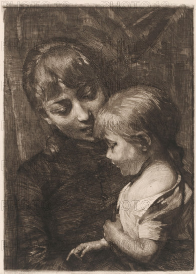 Woman with child, print, printmaker: Nicolaas van der Waay, 1865 - 1936, paper, chine collé, etching, intaglio printmaking technique, drypoint, height 228 mm x width 172 mm, mother and child(ren), woman and child(ren) (family group), A monochrome etched image of a seated woman holding a young child close to her chest, both shown in profile and leaning toward each other with their heads touching; the woman has short hair with soft highlights and closed eyes, her face partially shadowed, while the child has fine hair, downcast eyes, and a rounded cheek resting near the woman's shoulder; detailed crosshatched lines create textured shading across their clothing and skin, with the woman's dark garment contrasting the child's lighter sleeve, and the background filled with dense, directional hatch marks that frame the figures.