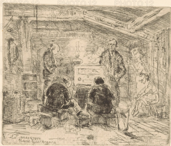 Clandestine listeners (original title on object), print, Men and women listening to a radio in a barn, standing and sitting in a circle., printmaker: Erkelens (signed by artist), in or after 1944-09 - in or before 1944-12, paper, etching, intaglio printmaking technique, height 131 mm x width 157 mm, radio, wireless, radio broadcasting, hearing, listening (one of the five senses), Second World War, A sketch of an interior scene with several seated and standing figures gathered around a central stove or heater, rendered in fine hatched lines and crosshatching; visible are beams and rafters across a slanted ceiling, a lamp or flame on top of the stove, two figures seated with their backs turned toward the viewer, a standing figure near the stove facing forward, another standing figure leaning slightly with a hand near the face, and a partially obscured figure in the background; baskets, stools, and stacked objects occupy the floor area, and the overall composition shows detailed linear te...