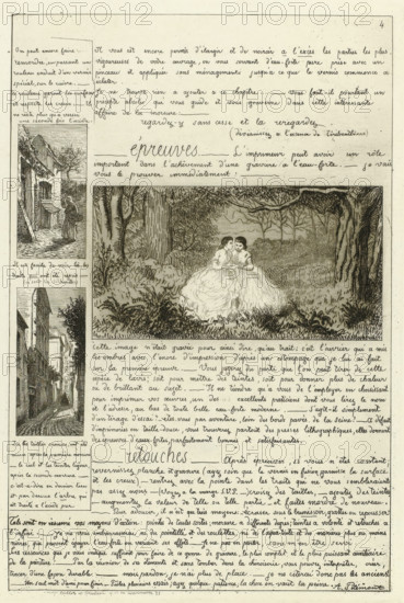 Letter about etching techniques with examples of landscapes, Letter about making an etching, Letter on the elements of etching with water etching, print, Series number, 4, Between the text a forest landscape with two ladies., printmaker: Adolphe Martial Potémont, printer (person): Beillet et Forestier, Paris, 1864, printer (person), paper, etching, à la poupée, height 291 mm x width 199 mm, letter, envelope, A vertically oriented page filled with handwritten script and several rectangular engraved illustrations, including a large central vignette showing two young women in full dresses seated close together on grass beneath overhanging tree branches surrounded by dense foliage, a narrow vertical scene along the left margin depicting a cobbled street with tall buildings and a person walking, a small inset above that showing a rustic doorway with a figure standing nearby, and another small sketch of a building facade; the page has a uniform pale background with fine ink lines, margins fr...