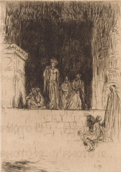 Entrance to a Hindu temple, print, Various figures on and near a staircase leading to the entrance of a Hindu temple., printmaker: Marius Bauer (signed by artist), 1899, paper, etching, intaglio printmaking technique, etching with plate tone, height 181 mm x width 121 mm, temple, shrine, Hinduism, Buddhism, Jainism, A sepia-toned sketch showing a raised dark rectangular stage area framed by tall vertical hatch marks, with a group of robed figures standing and sitting near the front edge; the central standing figure appears taller and wears a long garment with draped fabric over one shoulder, flanked by seated and partially standing figures in flowing robes and head coverings, one of whom is seated on the left edge of the stage with knees drawn up; to the right of the stage a slender cloaked figure stands facing inward while a seated figure below them looks upward, and architectural lines and decorative stonework suggest a carved ledge at the stage edge and tall columns or walls at the ...