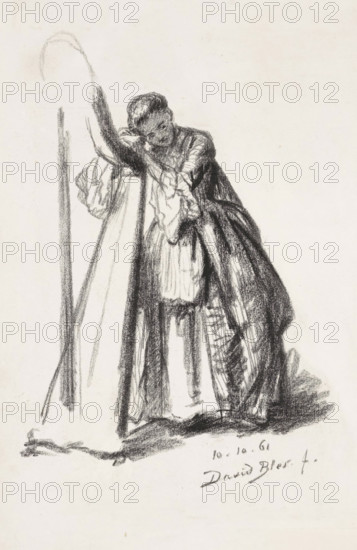 Harpist, print, The young woman leans with her hands and head on the harp., printmaker: David Bles, 1861-10-10, paper, lithography, height 340 mm x width 220 mm, harp, leaning figure - AA - female human figure, A charcoal sketch of a young woman leaning against a tall curved object, her head resting on her crossed arms with eyes cast downward, wearing a long dress with a full skirt and a fitted bodice, layered fabric and a gathered apron visible, loose hair pulled back, shadowed folds and textured strokes defining the garment and the ground beneath her.