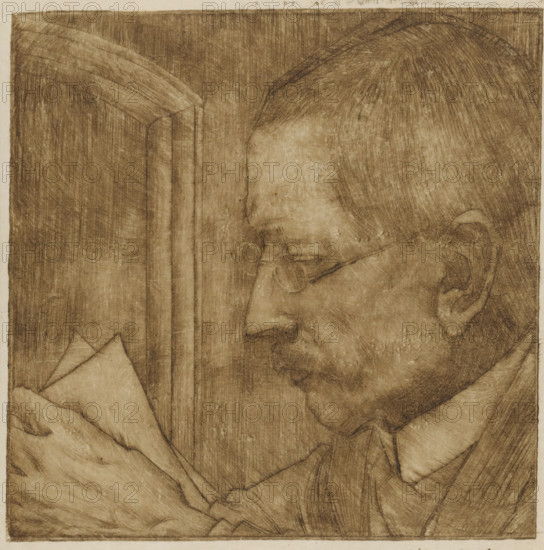 Portrait of Aegidius Timmerman, print, printmaker: Jan Toorop (signed by artist), 1900, paper, drypoint, intaglio printmaking technique, drypoint with plate tone on zinc in brown, height 101 mm x width 101 mm, Person, Aegidius Willem Carpenter, historical persons, A sepia-toned pencil drawing of a man in profile facing left, showing his head, ear, and part of his neck and shoulders, wearing round eyeglasses and a collared shirt with a jacket, with visible hair texture and closely rendered facial features, a hand holding folded papers positioned near the lower left, and vertical architectural elements or a column behind him against a textured background.