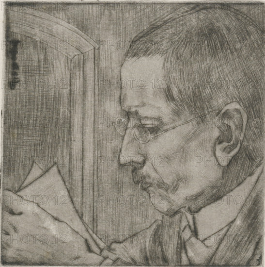 Portrait of Aegidius Timmerman, print, printmaker: Jan Toorop, printer (person): Toon Ninaber van Eijben, 1900, 1928, printer (person), paper, drypoint, intaglio printmaking technique, drypoint with plate tone on zinc, height 101 mm x width 101 mm, Person, Aegidius Willem Timmerman, historical persons, A close-up pencil or charcoal drawing of a man's profile facing left, showing his forehead, brow, glasses, nose, mustache, mouth, chin, ear, and the top of his head with short hair rendered with cross-hatched lines; he wears a collared shirt and jacket and holds folded papers in his hand near the lower left; the background features vertical and crosshatched shading and a curved architectural or decorative element at the top left.