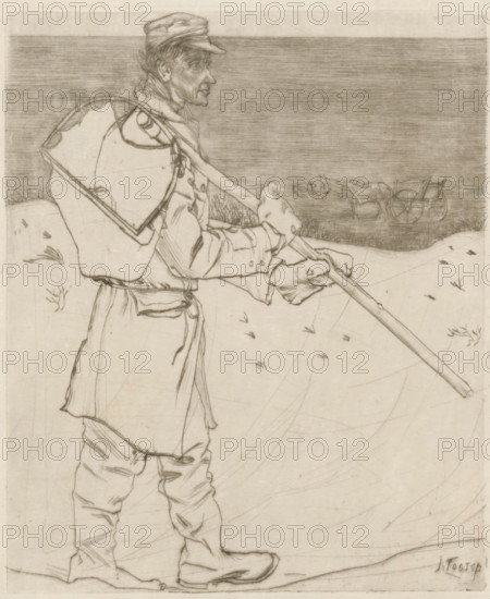 The shell fisherman (original title), Shell fisherman with net on the beach near Katwijk aan Zee, print, annotation: 'Etching by J. Th. Toorop, for the benefit of 'Homes for poor school-going children'', printmaker: Jan Toorop (signed by artist), 1902, paper, drypoint, intaglio printmaking technique, drypoint with plate tone on zinc, height 187 mm x width 154 mm, beach, shell fishery, Katwijk (South Holland), Katwijk aan Zee, A pencil drawing of a person standing in profile facing right, wearing a cap and a coat with a sash at the waist, holding a long pole diagonally across the body with gloved hands; a large net or bag is slung over the left shoulder and rests on the back, and the figure wears trousers tucked into boots. The background shows a dark horizontal band suggesting a distant horizon, and near that band there is a faint outline of a horse-drawn cart with two horses. The foreground contains sparse tufts of grass and small scattered marks on the ground.