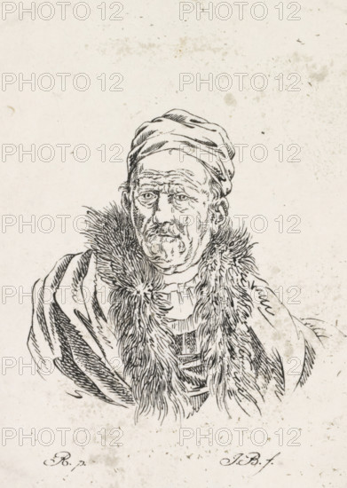 Portrait of a man after Rembrandt, print, The man is wearing a cap and a fur collar., printmaker: Joannes Bemme, Netherlands, after print by Rembrandt van Rijn, Amsterdam, 1809 - 1841, Rembrandt van Rijn, after print by, paper, lithography, lithografie, height 187 mm x width 140 mm, anonymous historical person portrayed, A detailed black ink line drawing of an older man from the chest up on a light, slightly speckled background, showing a fur-lined cloak draped over his shoulders and textured lines indicating heavy fabric, a wrapped head covering with folds, a deeply lined face with a mustache and short beard, prominent eyebrows and expressive eyes, and intricate cross-hatching and fine strokes used throughout the clothing and facial features.