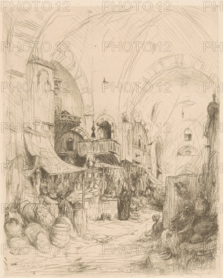 Bazaar in Constantinople, print, Figures in a covered bazaar with stalls displaying goods., printmaker: Marius Bauer (signed by artist), 1877 - 1932, paper, etching, intaglio printmaking technique, etching with plate tone, height 281 mm x width 228 mm, market-hall, Constantinople, Ottoman Empire, A detailed pencil sketch of a narrow covered market street framed by high arched ceilings, with stalls and awnings lining the passage, a balcony jutting from one side, hanging lamps and architectural niches, barrels and sacks piled near the foreground, figures milling and standing at the stalls including a cloaked figure near a counter, a small seated child near a wall, intricate crosshatching shading the domed vaults above, and a small boat-like shape drawn high in the empty central sky.
