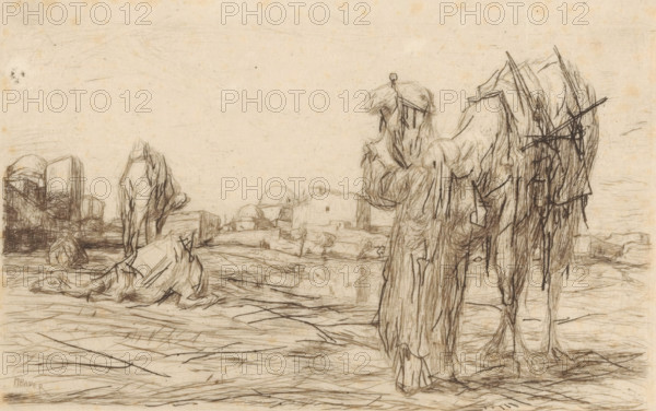 Camels with a driver in front of a city, print, A man holds a camel by his harness. Three more camels on the left. In the background a city with various buildings with domes., printmaker: Marius Bauer (signed by artist), 1877 - 1932, paper, etching, intaglio printmaking technique, etching with plate tone, proof print, height 158 mm x width 237 mm, city-view, and landscape with man-made constructions, hoofed animals: camel, A sepia-toned sketch shows a barren landscape with irregular rocky formations and low buildings with rounded roofs in the distance, rendered with fine, overlapping pencil lines; in the foreground there are two tall, ragged figures draped in tattered cloth or straw, their forms elongated and textured with chaotic crosshatching, one figure facing forward and the other slightly turned away; nearer the left side a crouched, shrouded shape lies close to the ground beside another upright rough form, and scattered linear marks suggest uneven ground and tracks across the sce...