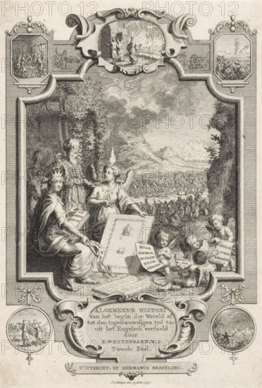 Title page for: Kornelis Westerbaen, Algemeene histori, 1736, Cartouche with allegory on the history of Israel, print, title page, A Jewish high priest in conversation with an angel, with a burning flame on his head as a symbol of religious zeal. Beside them a crowned woman pointing with her scepter at the tablets of the law. In the foreground putti holding sheets of paper on which the various names of the tribes of Israel are written. In the background the encampment of the Israelites, with the bronze serpent, and Mount Sinai. In the framing of the cartouche medallions with biblical scenes., printmaker: Jan Caspar Philips, publisher: Hermanus Besseling, Utrecht, 1737, paper, etching, engraving, height 176 mm x width 125 mm, Title page for: Westerbaen, Kornelis. Algemeene histori van het begin der Wereld af tot den hedenen tyd toe, Second Part. Utrecht: Besseling, Hermanus, 1736. Print originating from a scrapbook with title prints, ornaments etc. on blue paper, disassembled in 1983. A...