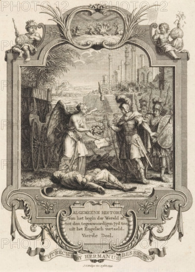 Cartouche with allegory on the fall of Persia, Title page in front: Kornelis Westerbaen, Algemeene histori, 1736, print, title page, At the body of the murdered Persian king Darius, an angel hands a laurel wreath and a paper as a symbol of the Persian Empire to Macedonian soldiers, among whom possibly King Alexander the Great. In the background, a landscape of ruins. Seated putti with globes and a depiction of the four empires as beasts in the frame of the cartouche, seen by Daniel., printmaker: Jan Caspar Philips, publisher: Hermanus Besseling, Utrecht, 1739, 1740, paper, etching, engraving, height 172 mm x width 124 mm, Title page before: Westerbaen, Kornelis. Algemeene histori van het begin der Wereld af tot den hedenen tyd toe, Fourth Part. Utrecht: Besseling, Hermanus, 1740. Print originating from a scrapbook containing title prints, ornaments, etc. on blue paper, disassembled in 1983. According to a note on the verso, the print was located on p. 106 of this album., Person, Alexan...