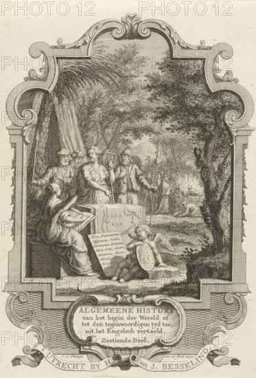 Cartouche with allegory on the history of the Arabian Peninsula, Title page for: Kornelis Westerbaen, Algemeene histori, 1750, print, title page, A woman with a ruler points History onto the map of the Arabian Peninsula. Arab men stand behind the woman. To the right sits a putto with a portrait medallion of Attila. In the background, a priest sacrifices a human and an animal., printmaker: Jan Caspar Philips, publisher: Hermanus Besseling, Utrecht, paper, engraving, etching, height 169 mm x width 120 mm, Title page for: Westerbaen, Kornelis. Algemeene histori van het begin der Wereld af tot den hedenen tyd toe, Sixteenth Part. Utrecht: Besseling, Hermanus, 1750. Print from a scrapbook with title prints, ornaments, etc. on blue paper, disassembled in 1983. According to a note on the verso, the print was located on p. 109 of this album., Person, Attila the Hun, 'Historia', maps of separate countries or regions, Asiatic races and peoples (with NAME), Arabia, A detailed engraved scene frame...