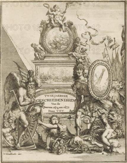Allegorical representation with Father Time and figure in armor, Title page front: Gerard Brandt, Tweejaerige geschiedenissen Van de Jaeren 1674 en 1675, 1678, print, title page, Father Time with hourglass and scythe sits on a wheel and writes in a book. To the right lie two women with a horn of plenty and a bag of coins on the ground. They are being trampled by a figure in armor, with a helmet with a dolphin and a shield with a star and lightning bolts. Behind the allegorical figures a monument with images of a land and sea battle and a putto with a laurel wreath and torch., after design by Willem Schellinks, publisher: Joannes van Someren, Amsterdam, publisher: Abraham Wolfgang, publisher: Hendrick en Dirk Boom, printmaker, paper, engraving, etching, height 163 mm x width 128 mm, Title page in front of: Brandt, Gerard. Tweejaerige geschiedenissen Van de Jaeren 1674 en 1675. Amsterdam: Someren, Joannes van, Wolfgang, Abraham en Boom, Hendrick en Dirk, 1678. Print originating from a sc...