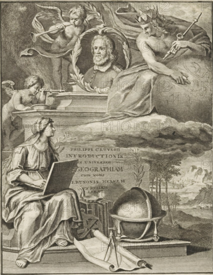 Title page for: Philipp Clüver, Introductionis in universam geographiam, sa, Portrait of Philipp Cluver and writing woman, print, title page, Portrait of Philipp Cluver, the founder of historical geography, in an oval on a pedestal with the title of the book. Putti with a trumpet and binoculars and a crowned young man with a scepter, key, and globe with animals flank the portrait. In front sits a writing allegorical female figure; at her feet are a globe, a compass, a scroll, an oil lamp, and books., publisher: Pieter de Coup (possibly), Amsterdam, 1697, 1729, printmaker, paper, engraving, height 196 mm x width 154 mm, Title page for: Clüver, Philipp. Introductionis in universam geographiam. Amsterdam: Sn, sa (Possibly an edition by Pieter de Coup, 1729). Print originating from a scrapbook with title prints, ornaments, etc. on blue paper, disassembled in 1983. According to a note on the verso, the print was located on p. 160 of this album., Person, cupids: 'amores', 'amoretti', 'putti'...