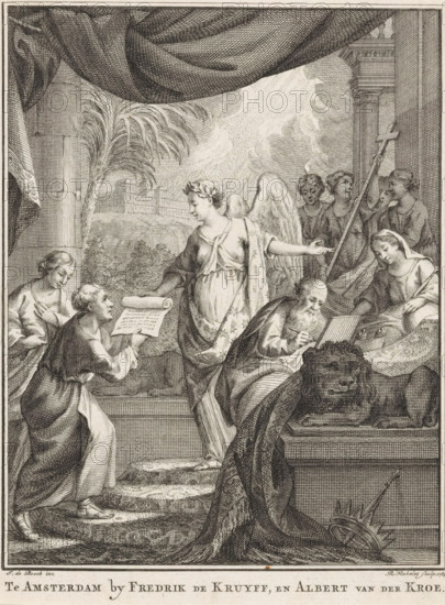 Title page for: Willem Hendrik Sels, Solomon, King of Israel, 1765, Allegorical representation with an angel, print, title page, An angel, the personification of poetry, hands a monk a roll of paper. In the foreground sits an old man with a beard writing a book, next to him a woman. In the background the figures with symbols of the True Faith., printmaker: Reinier Vinkeles (I), after design by Joannes de Bosch, publisher: Fredrik de Kruyff, Amsterdam, publisher: Albert van der Kroe, paper, etching, engraving, etching and engraving, height 183 mm x width 141 mm, Title page for: Sels, Willem Hendrik. Solomon, in XII books. Amsterdam: Kruyff, Fredrik de and Kroe, Albert van der, 1765. Print originating from a scrapbook with title prints, ornaments, etc. on blue paper, disassembled in 1983. According to a note on the verso, the print was located on p. 187 of this album., angels, Faith, 'Fides', 'Fede', 'Fede catholica', 'Fede christiana', 'Fede christiana catholica' (Ripa), one of the Thre...