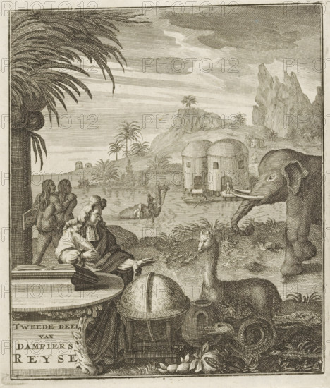 Second part of Dampier's Journey, Title page for: William Dampier, Second part of William Dampier's Voyage around the world, 1700, Dampier studies globe, print, title page, Under a palm tree sits a man, possibly William Dampier, with a quill behind an open book and studying a globe. Beside him are a snake, a llama, and an elephant. In the background a landscape with dwellings and people he encountered on his travels., printmaker: Jan Lamsvelt, publisher: Abraham de Hondt, The Hague, paper, etching, height 171 mm x width 149 mm, Title page for: Dampier, William. Second part of William Dampier's Voyage around the world. The Hague: Hondt, Abraham de, 1700. Print from a scrapbook with title prints, ornaments, etc. on blue paper, disassembled in 1983. According to a note on the verso, the print was located on p. 188 of this album., Person, William Dampier, globe, landscapes in the non-temperate zone, exotic landscapes, exploration, expedition, voyage of discovery, A detailed sepia-toned eng...