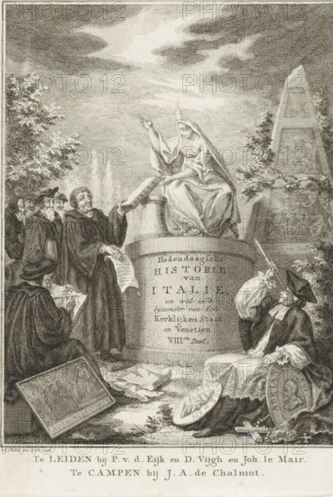 Allegory on the Papal States and Venice, Title page front: Sn, Contemporary History or The Continuation of General History, 1779, Contemporary History of Italy and particularly of the Papal States and Venice, Volume VIII, print, title page, Divine Truth sits on a pedestal. In the foreground right sits a Jesuit; he is trying to look at her through a telescope. Beside him are portrait medallions of Popes Gregory and Adrian. On the left, Luther gives Truth a Bible and tramples on indulgences. Behind him is a group of men including Calvin and Melanchthon. In the foreground on the left, a man is writing the Augsburg Confession., printmaker: Simon Fokke, after design by, publisher: Pieter van der Eyk, Leiden, publisher: Daniel Vijgh, publisher: Johannes Le Mair, publisher: Jacques Alexandre Chalmot, Kampen, 1778, paper, etching, engraving, etching and engraving, height 172 mm x width 116 mm, Title page for: *Sn* Hedendaagsche historie of Het vervolg van de Algemeene historie, VIIIde Deel. Le...