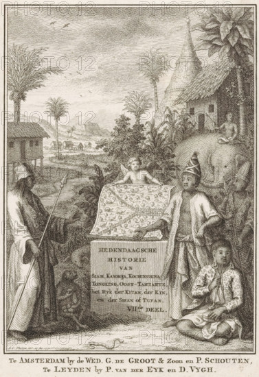 Allegory of the East Indies, print, title page, Landscape with animals and people in traditional clothing representing Asian peoples. A putto holds a map of the area. On a pedestal, the title in Dutch., printmaker: Jan Caspar Philips, Amsterdam, publisher: Groot en Zoon, widow Gerrit de, publisher: Petrus Schouten, publisher: Pieter van der Eyk, Leiden, publisher: Daniel Vijgh, 1771 - 1772, paper, etching, engraving, etching and engraving, height 173 mm x width 123 mm, Title page before: Salmon, Thomas. Contemporary History or the Continuation of General History, Part VII, Containing a Description of the Countries Located in the Further Half-Island of the Indies, together with, Leiden: Widow G. de Groot and Petrus Schouten, P. van der Eyk and Daniel Vijgh, 1772. Print originating from a scrapbook with title pages, ornaments, etc. on blue paper, disassembled in 1983. According to a note on the verso, the print was located on p. 209 of this album., maps, atlases, landscapes in the non-te...