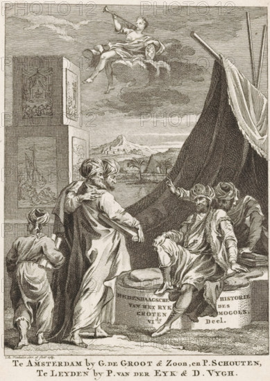 Contemporary History of the Empire of the Great Mughal, Volume 6, Allegory of the Mughal Empire, Title page before: Sn, Contemporary History or The Continuation of General History, 1770, print, title page, Five men with turbans are sitting and standing by a tent. Next to the tent is a tower of blocks on which are representations. Above them sits a woman with a trumpet and a portrait medallion on clouds., printmaker: Reinier Vinkeles (I), publisher: Groot en Zoon, Gerrit de, Amsterdam, publisher: Petrus Schouten, publisher: Pieter van der Eyk, Leiden, publisher: Daniel Vijgh, 1769, paper, etching, engraving, ets en gravure, height 170 mm x width 125 mm, Title page for: Sn Hedendaagsche historie of Het vervolg van de Algemeene historie, VIde Deel. Amsterdam: Amsterdam: Groot en Zoon, Gerrit de and Schouten, Petrus, Leiden: Eyk, Pieter van der and Vijgh, Daniel, 1770. Print from a scrapbook with title prints, ornaments, etc. on blue paper, disassembled in 1983. According to a note on the ...