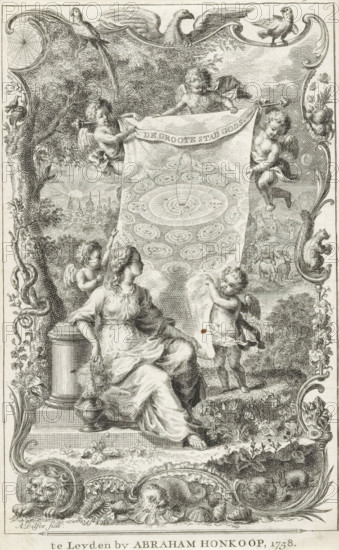 The Great City of God, Title page for: Hermannus Samuel Reimarus, The Principal Truths of Natural Religion, in Ten Treatises, 1758, Allegory of the Heavenly Jerusalem, print, title page, A female personification with an incense burner seated by an image of The Great City of God, held by putti. In the background, the silhouette of the city of Jerusalem. Surrounded by a frame with animals such as a lion, snake, squirrel, and birds., printmaker: Abraham Delfos, publisher: Abraham Honkoop (I), Leiden, paper, etching, height 177 mm x width 110 mm, Title page for: Reimarus, Hermannus Samuel. The Principal Truths of Natural Religion, in Ten Treatises. Leiden: Honkoop, Abraham (I), 1758. Print from a scrapbook with title prints, ornaments, etc. on blue paper, disassembled in 1983. According to a note on the verso, the print was on p. 213 of this album., the New Jerusalem, the all-seeing eye, triangle with eye, symbol of God the Father, A detailed monochrome engraving shows a seated woman in fl...