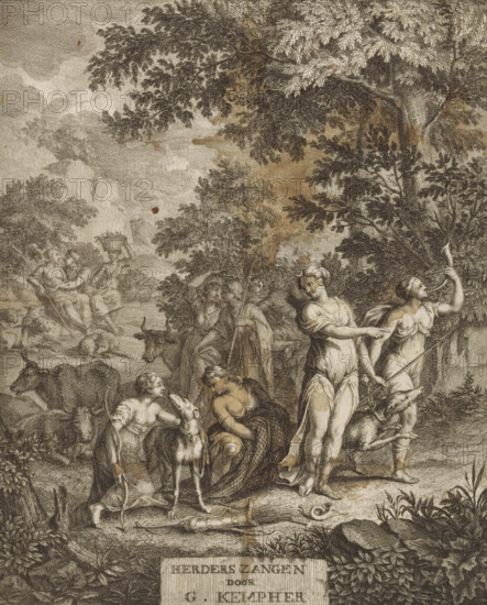Title page for: Gerard Kempher, Herderszangen, 1732, Diana and shepherds, print, title page, Diana with hunting dog is accompanied by three female hunters with hunting horn, net, bow and arrow, and a second hunting dog. In the background, resting shepherds with their cattle., publisher: Johan Arnold Langerak, Leiden, printmaker, paper, engraving, height 195 mm x width 158 mm, Title page for: Kempher, Gerard. Herderszangen. Leiden: Langerak, Johan Arnold, 1732. Print originating from a scrapbook with title prints, ornaments, etc. on blue paper, disassembled in 1983. According to a note on the verso, the print was on p. 216 from this album., herding, herdsman, herdswoman, shepherd, shepherdess, cowherd, (story of) Diana (Artemis), A detailed monochrome engraving shows a wooded landscape with large trees and dense foliage filling the upper area, branches and leaves rendered with fine lines. In the middle ground a group of figures in classical dress stand and sit among animals; one woman i...