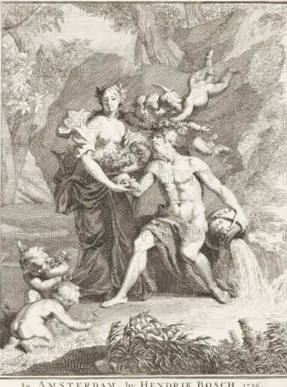Parnas on the Waal, Allegorical representation with Poetry and the Waal, Title page for: Jan van Hoogstraten, Parnas on the Waal or Gelderland singing nymph sweet on misgelpoezy, from various poems, 1726, print, title page, Poetry stands with a lyre and a basket of flowers next to a river god as a personification of the Waal. Putti laurel the god. In the foreground, two putti are picking flowers., publisher: Hendrik Bosch, Amsterdam, printmaker, paper, engraving, height 170 mm, width 129 mm, Title page for: Hoogstraten, Jan van. Parnas on the Waal or Gelderland singing nymph sweet on misgelpoezy, from various poems. Amsterdam:, Bosch, Hendrik, 1726. Print from a scrapbook with title prints, ornaments, etc. on blue paper, disassembled in 1983. According to a note on the verso, the print was located on p. 78 of this album., cupids: 'amores', 'amoretti', 'putti', river-gods, symbolic representations, allegories and emblems, poetry, 'Poesia' (Ripa), Rhine, Waal (river), A detailed black an...