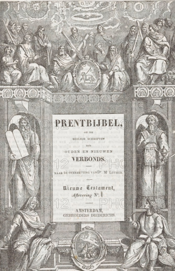 Evangelists and Apostles, Title page for: Sn Picture Bible or the Holy Scriptures of the Old and New Covenant. Based on the translation by Dr. M. Luther, sa, print, title page, Title page for a Bible. The title on a tablet flanked on either side by Moses with stone tablets (left) and a man with a turban (right), standing in niches. In front of and above the niches sit the four evangelists with their accompanying creatures. Between Luke and John (below) a medallion with a pelican feeding its young. Between Matthew and Mark (above) a medallion with the Lamb of God. Behind them stand the twelve apostles., publisher: Diederichs, Gebroeders, Amsterdam, 1840 - 1860, printmaker, paper, woodcut, letterpress printing, woodcut and text in letterpress, height 206 mm x width 141 mm, Title page front: Sn Picture Bible or the Holy Scriptures of the Old and New Covenant. Based on the translation by Dr. M. Luther. Amsterdam: Diederichs, sa Print originating from a scrapbook with title prints, ornament...